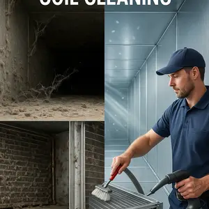 Image contrasting dirty and clean HVAC coils, with a technician cleaning them.