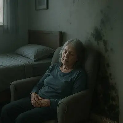 An elderly woman sits with her eyes closed in a dimly lit room beside a bed. The wall behind her shows visible black mold growth, highlighting the health risks of long-term mold exposure in indoor living environments. The scene evokes concern for vulnerable individuals exposed to poor air quality and hidden environmental hazards.
