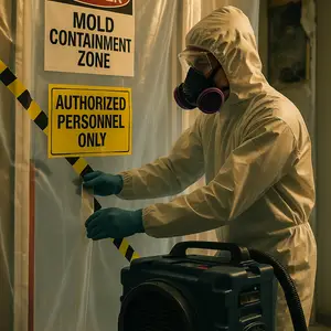 Person in a hazmat suit entering a mold containment zone.
