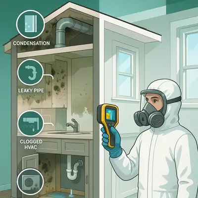 Professional mold source elimination showing a technician identifying hidden mold near plumbing and HVAC systems in a residential home.
