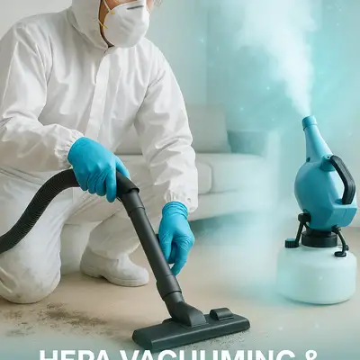A professional in full protective gear performs HEPA vacuuming on a mold-contaminated floor while antimicrobial fogging equipment releases a disinfecting mist into the air. The room is partially cleaned, showing a clear contrast between treated and untreated areas. Clean air particles and a soft glow represent improved air quality and sanitation. The background features a residential interior with visible mold near vents, emphasizing the effectiveness of the mold remediation process.