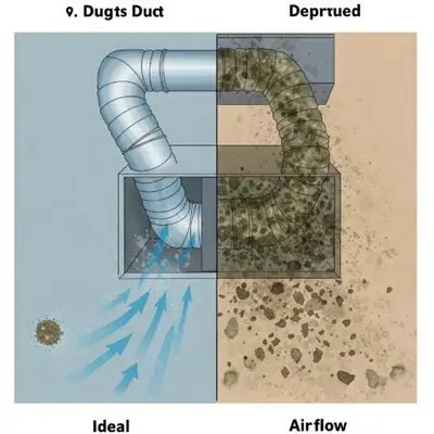 Illustration showing an ideal clean air duct on the left and a dirty, mold-infested air duct on the right with airflow indicated.