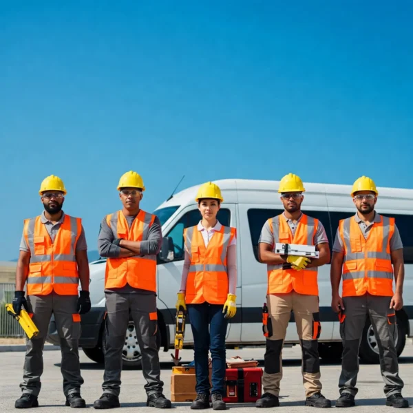A diverse team of five construction workers in hard hats and safety vests stands in front of a white van under a clear blue sky.