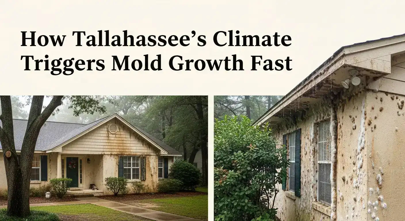 Design an eye-catching featured image for the topic 'How Tallahassee’s Climate Triggers Mold Growth Fast.' The image should depict a humid, warm environment typical of Tallahassee, with a combination of lush greenery, high humidity, and a house affected by mold growth. Show the mold visibly growing on the walls of the house, with a focus on the contrast between the clean exterior and the mold's rapid spread. The image should include subtle visual cues representing the local climate—such as wet surfaces, dampness, and warm lighting—highlighting how the weather directly contributes to mold issues.
