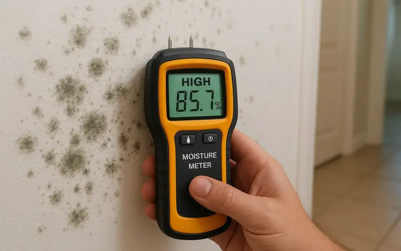the image is showing moisture meter and mold in the wall