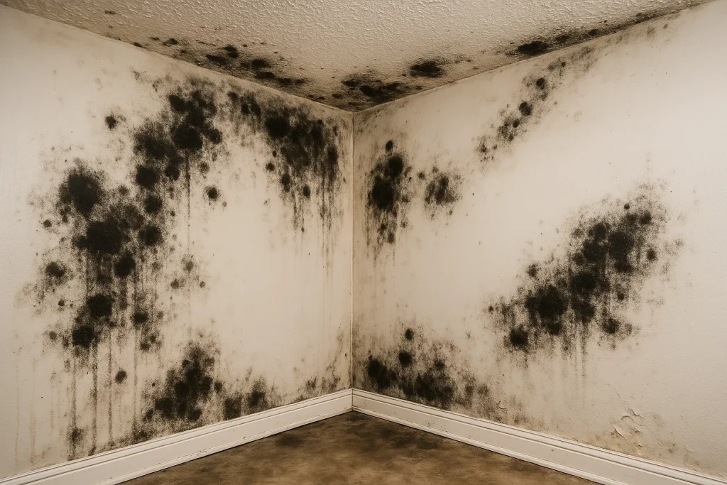 Black Mold on Drywall Ceilings and Baseboards After Water Damage