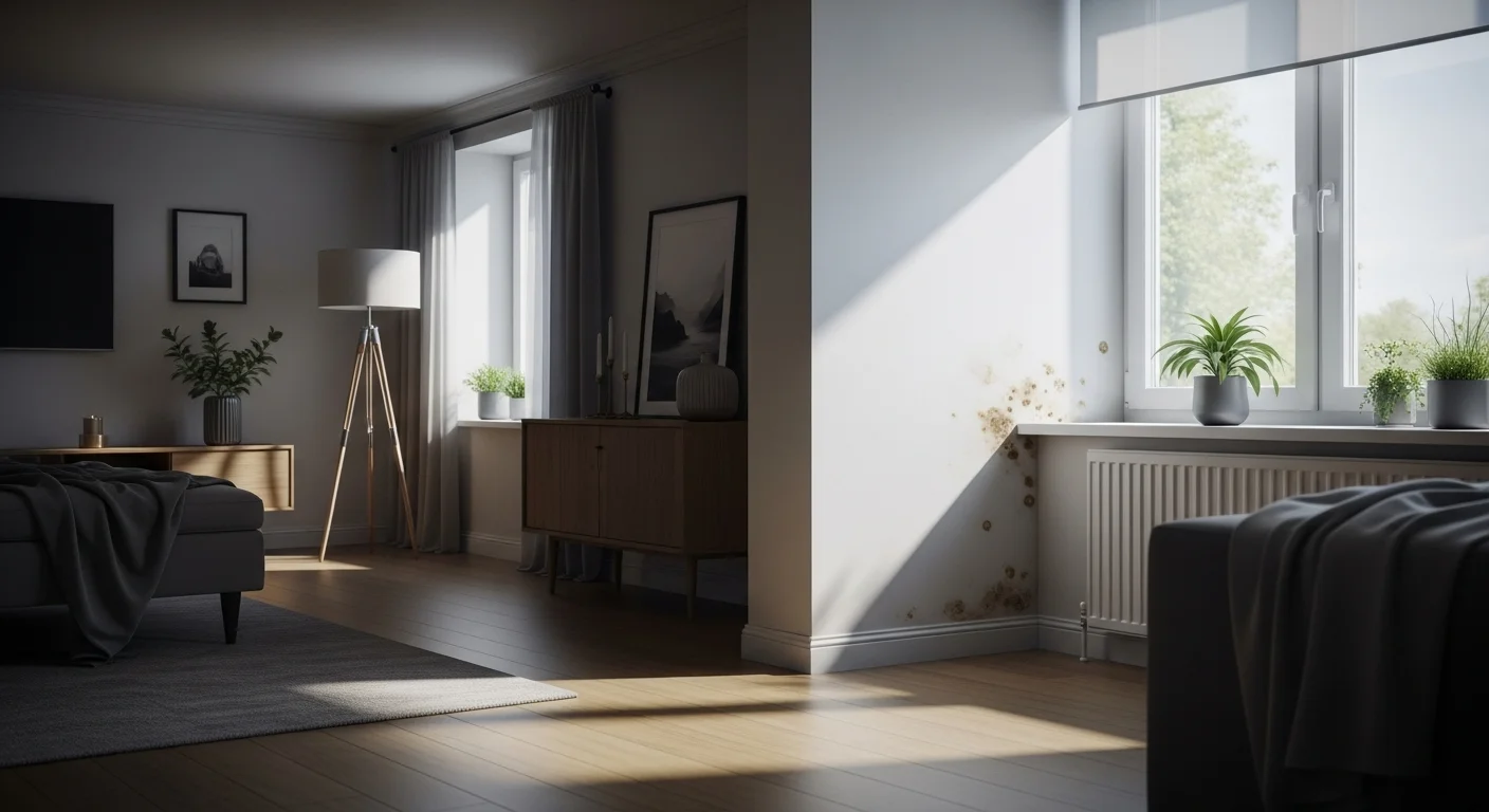 Early signs of mold on a living room wall near window corner