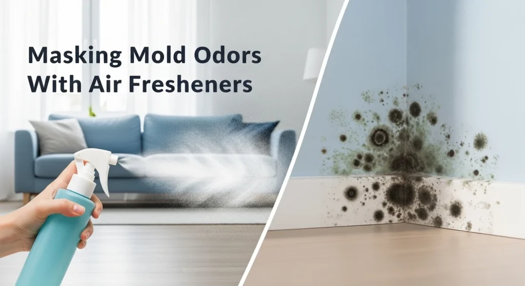 Air freshener spray masking mold odors in a modern living room with hidden mold spots on the wall