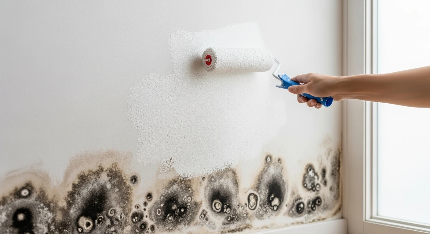 A person painting white paint over a wall with visible black mold stains, showing why covering mold with paint doesn’t solve the problem.