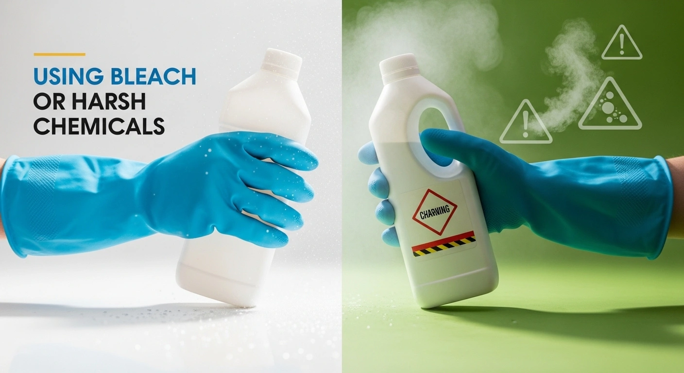 Gloved hands holding a bleach bottle with chemical warning label, symbolizing the risks of using harsh cleaning chemicals