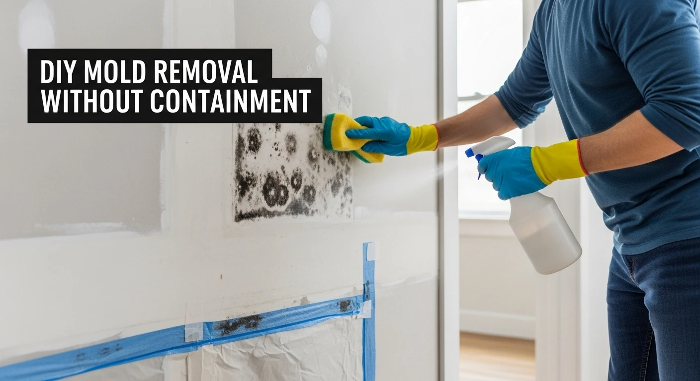 Homeowner cleaning black mold on wall without protective containment.