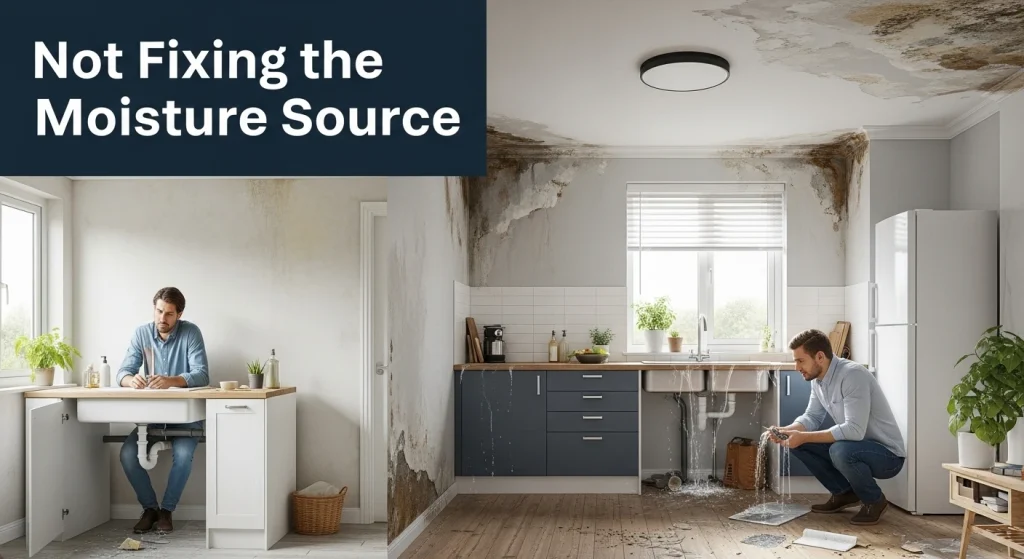 Home interior with water damage and leaking pipe, highlighting the risk of not fixing moisture sources.