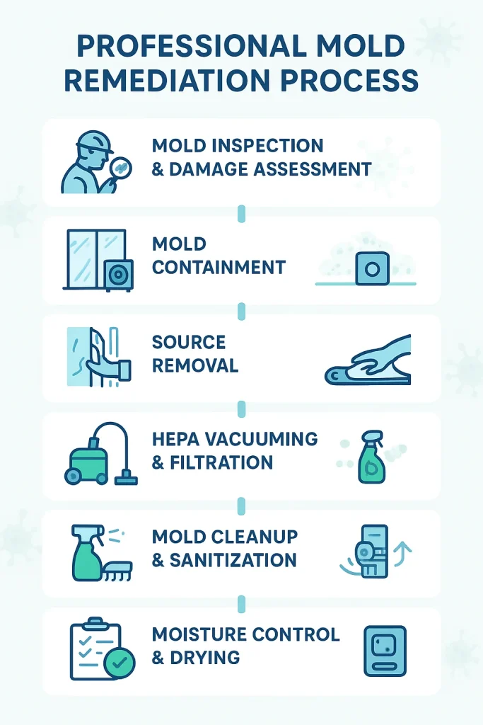 Infographic showing 7 steps of the professional mold remediation process: inspection, containment, source removal, HEPA filtration, cleaning, drying, and verification testing.