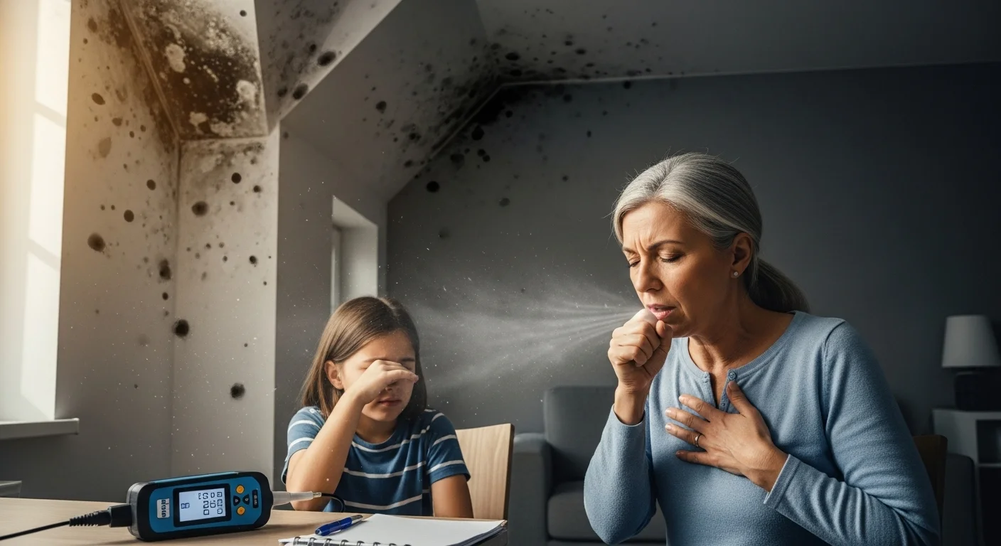 Mother and child experiencing coughing from indoor mold exposure while inspector tests air quality with professional equipment.
