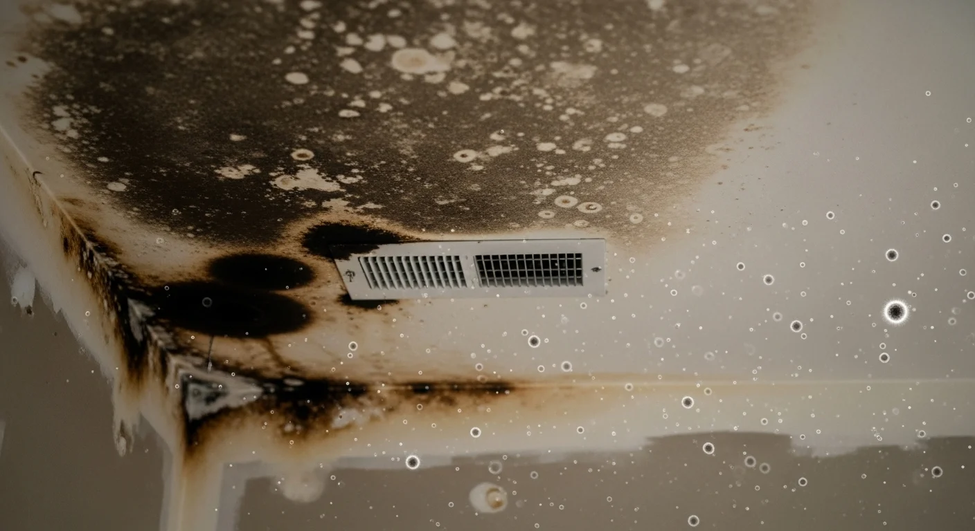 Indoor room with water-damaged ceiling and visible black mold patches on drywall near an air vent, showing how mold grows in damp areas.