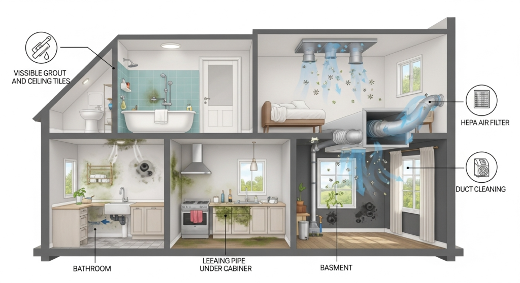 the image is showing Areas in Homes & Businesses Most Prone to Mold in Tallahassee